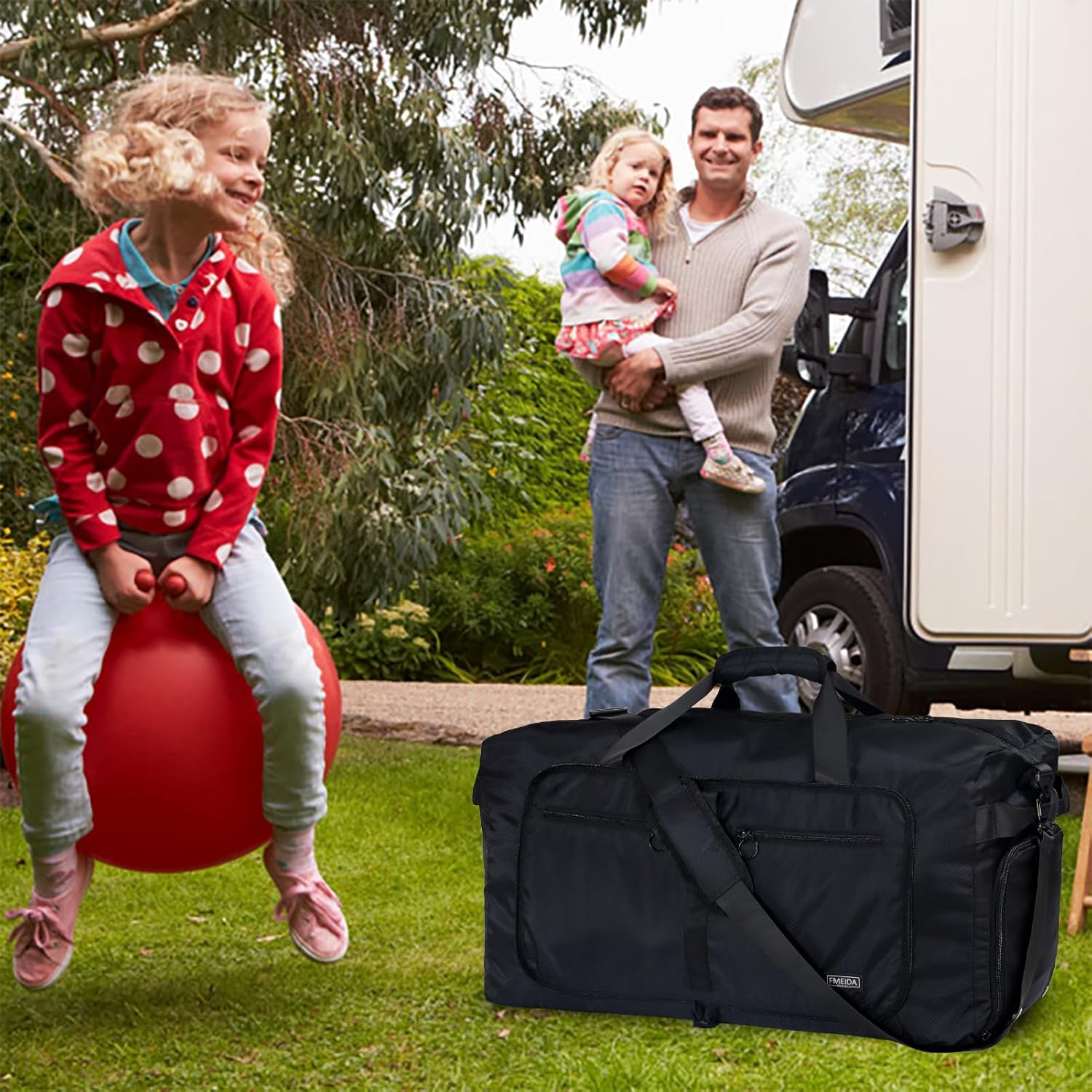 Fmeida 65L Duffle Bag with Shoes Compartment, Foldable Travel Duffel Bags for Men Women, Large Packable Travel Bag Water Repellent & Tear Resistant (Black) - Image 9