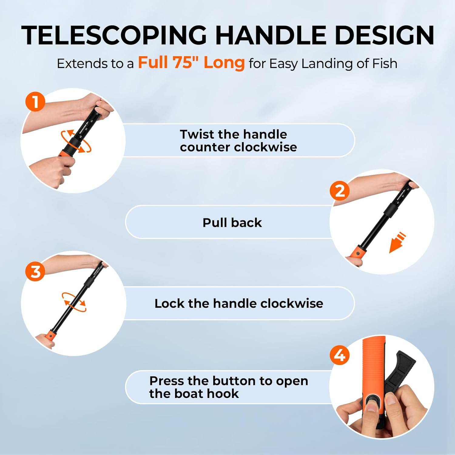 KastKing Brutus Folding Landing Net with Boat Hook, Foldable, Extendable, Lightweight & Strong, Multi-Functional Built-in Boat Hook, Non-Slip & Bright Orange TPR Handle, Two Nets Options - Image 8