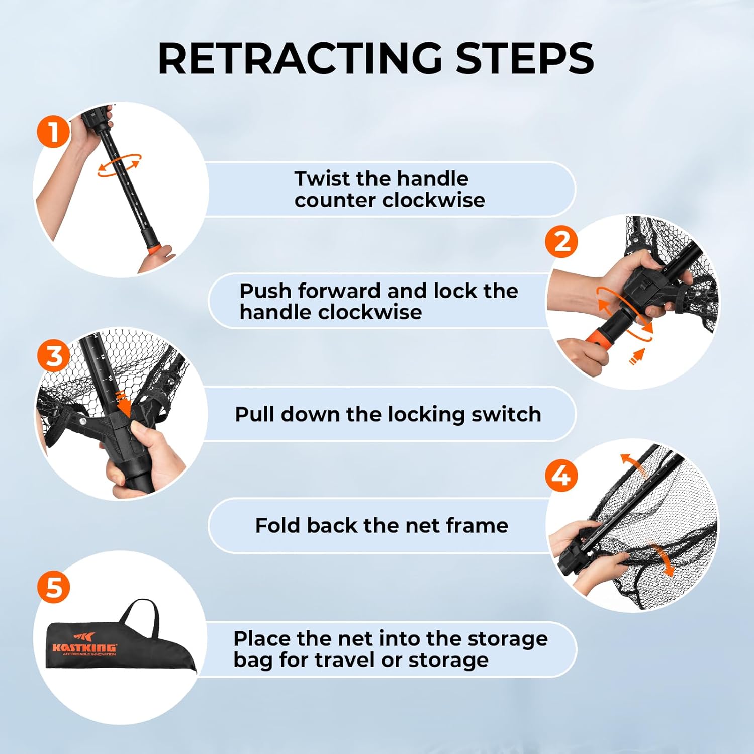 KastKing Brutus Folding Landing Net with Boat Hook, Foldable, Extendable, Lightweight & Strong, Multi-Functional Built-in Boat Hook, Non-Slip & Bright Orange TPR Handle, Two Nets Options - Image 9
