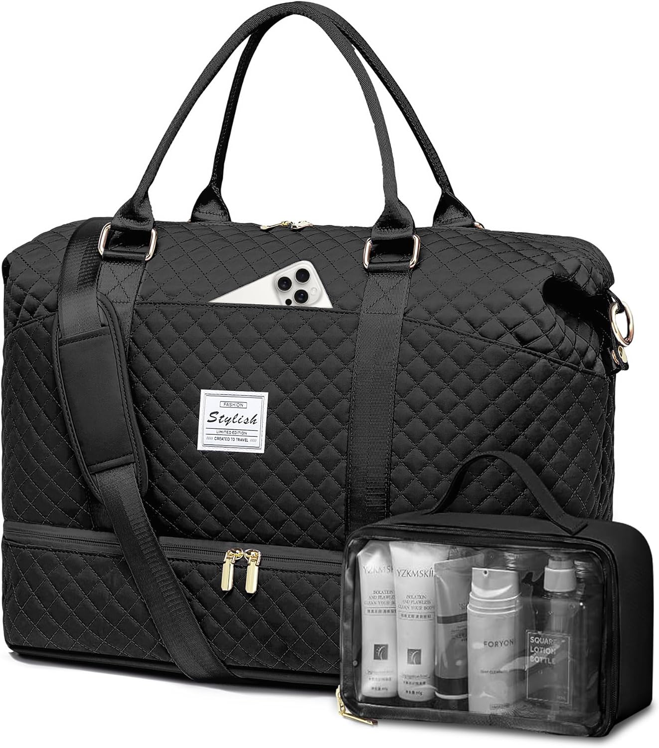 Women Weekender Travel Duffle Bags: Duffel Overnight Bag with Shoe Compartment Large Carry on Tote Bag Toiletry Bag Weekend Yoga Gym Bags with Wet Pocket Hospital Bags for Labor and Delivery Black